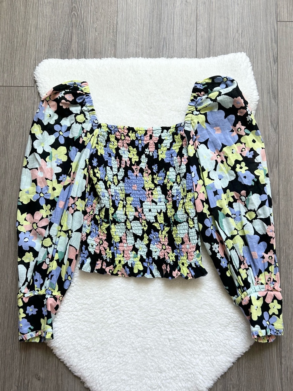 Free People Ariana Smocked Square-Neck Floral Peasant Top Blouse